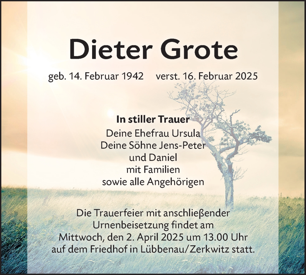  Traueranzeige für Dieter Grote vom 22.03.2025 aus Lausitzer Rundschau