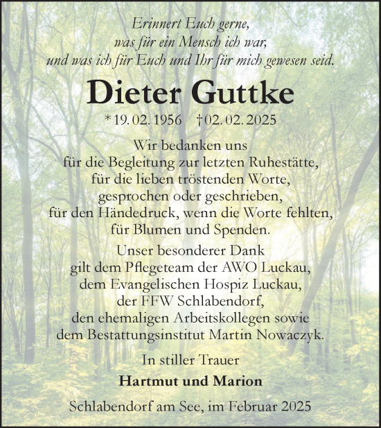 Traueranzeige von Dieter Guttke von Lausitzer Rundschau