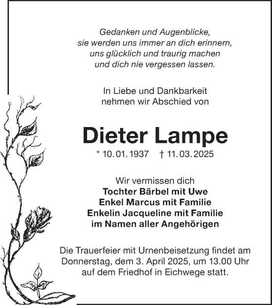Traueranzeige von Dieter Lampe von Lausitzer Rundschau