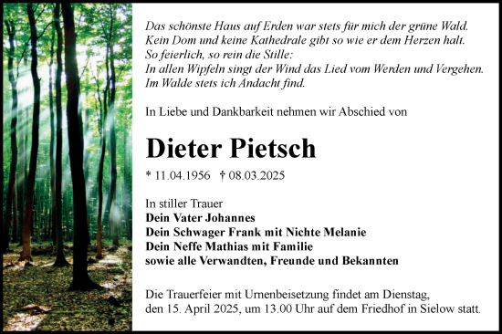 Traueranzeige von Dieter Pietsch von Lausitzer Rundschau