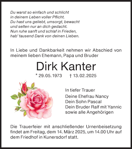 Traueranzeige von Dirk Kanter von Lausitzer Rundschau