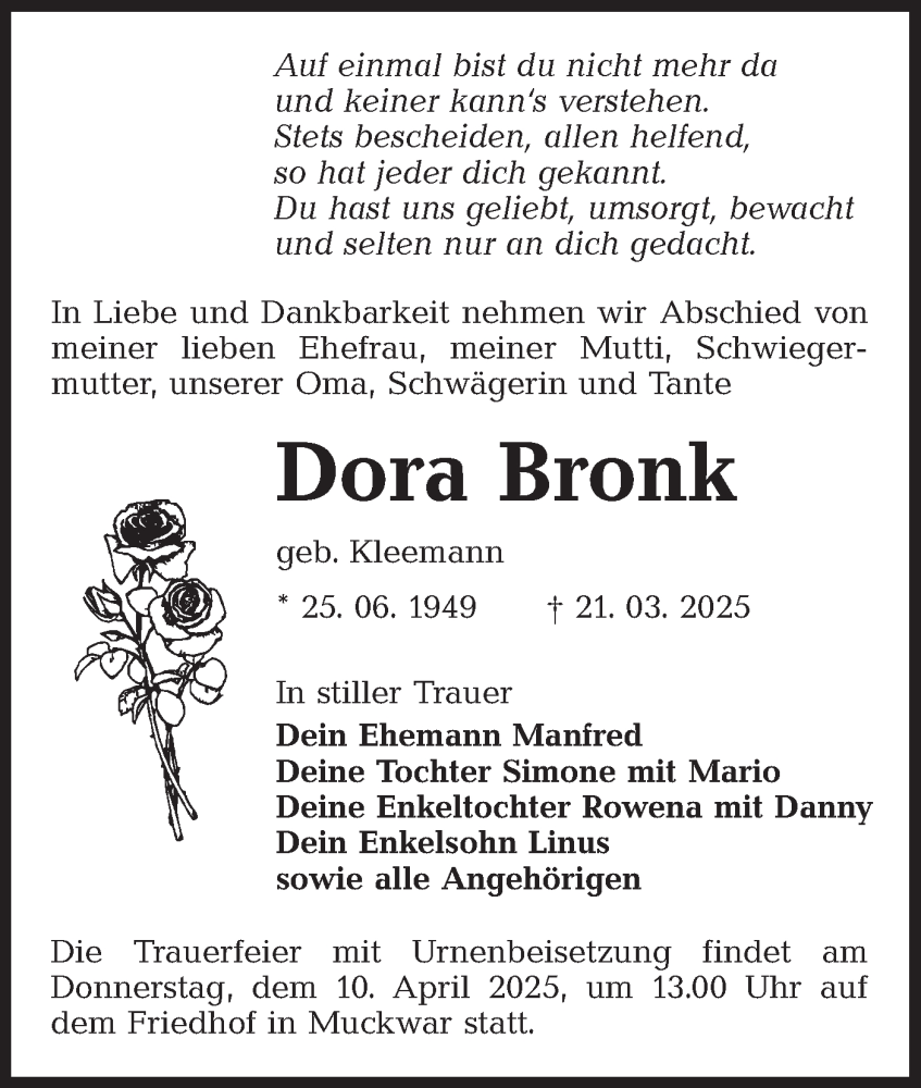 Traueranzeige für Dora Bronk vom 29.03.2025 aus Lausitzer Rundschau