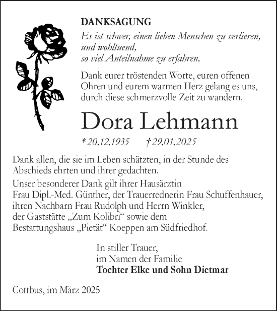Traueranzeige von Dora Lehmann von Lausitzer Rundschau