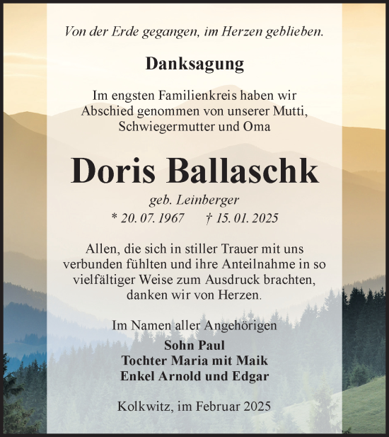Traueranzeige von Doris Ballaschk von Lausitzer Rundschau