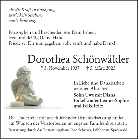 Traueranzeige von Dorothea Schönwälder von Lausitzer Rundschau