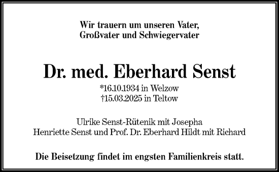 Traueranzeige von Eberhard Senst von Lausitzer Rundschau