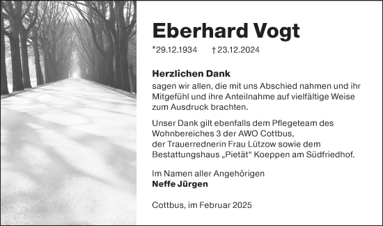 Traueranzeige von Eberhard Vogt von Lausitzer Rundschau