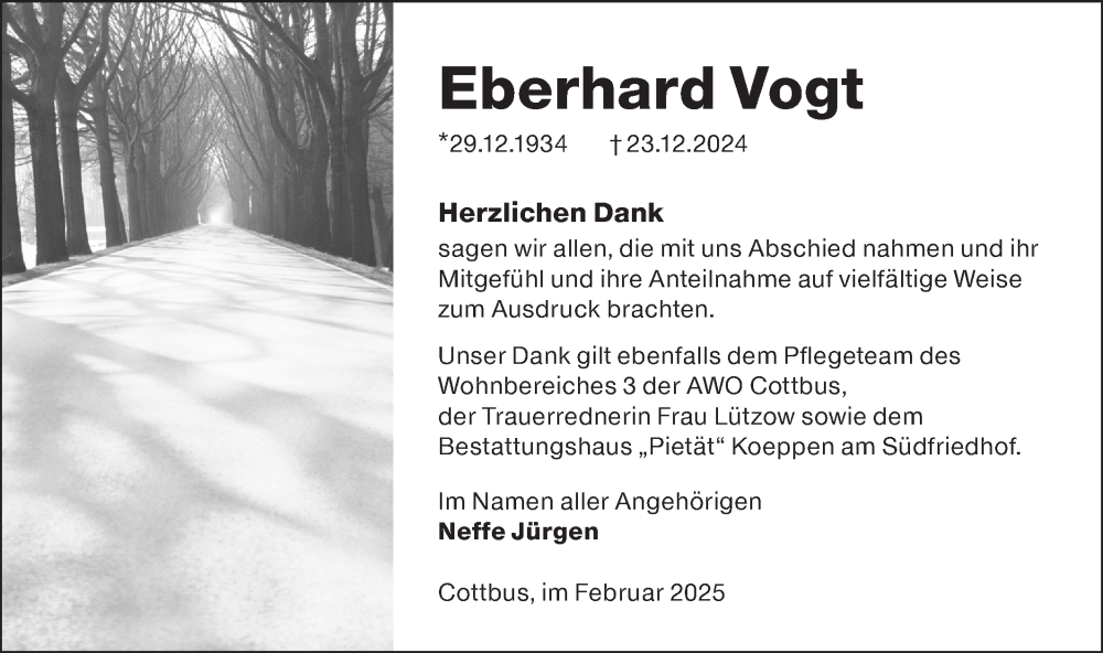  Traueranzeige für Eberhard Vogt vom 01.03.2025 aus Lausitzer Rundschau