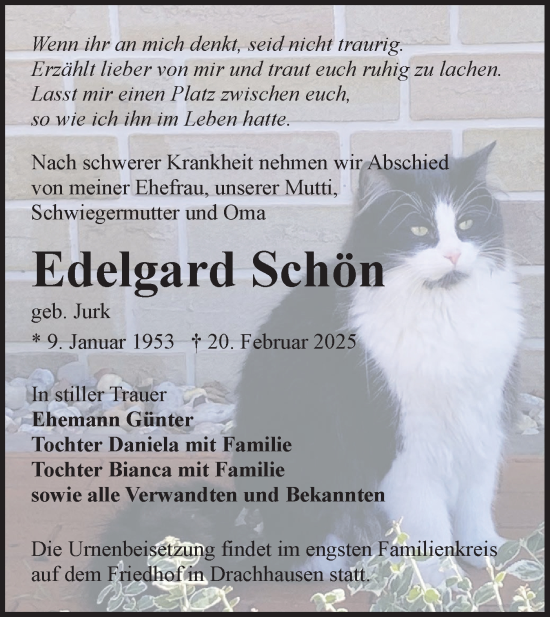 Traueranzeige von Edelgard Schön von Lausitzer Rundschau