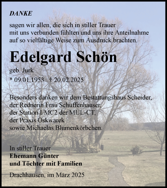 Traueranzeige von Edelgard Schön von Lausitzer Rundschau