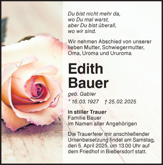 Traueranzeige von Edith Bauer von Lausitzer Rundschau