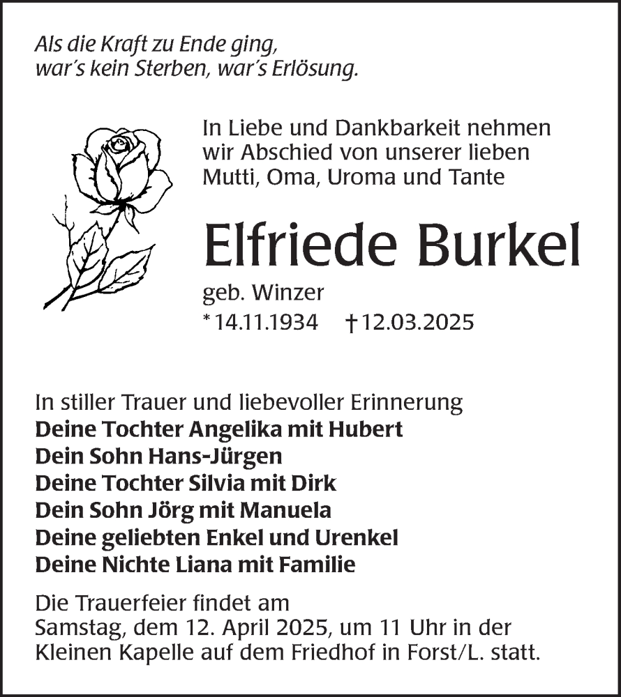  Traueranzeige für Elfriede Burkel vom 22.03.2025 aus Lausitzer Rundschau