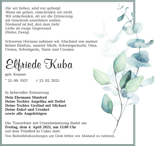 Traueranzeige von Elfriede Kuba von Lausitzer Rundschau