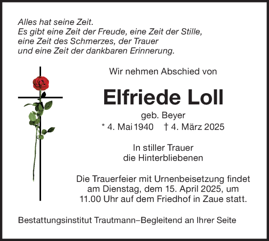 Traueranzeige von Elfriede Loll von Lausitzer Rundschau