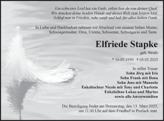 Traueranzeige von Elfriede Stapke von Lausitzer Rundschau