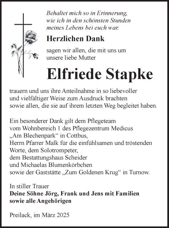 Traueranzeige von Elfriede Stapke von Lausitzer Rundschau