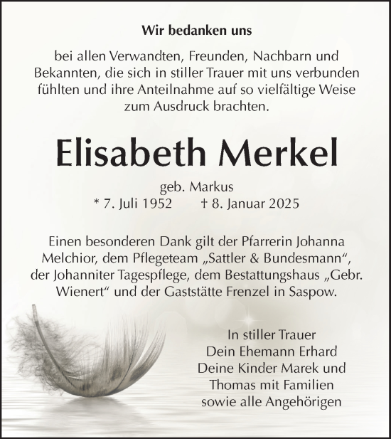 Traueranzeige von Elisabeth Merkel von Lausitzer Rundschau
