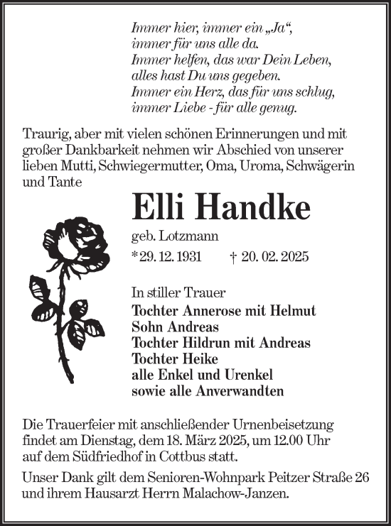 Traueranzeige von Elli Handke von Lausitzer Rundschau