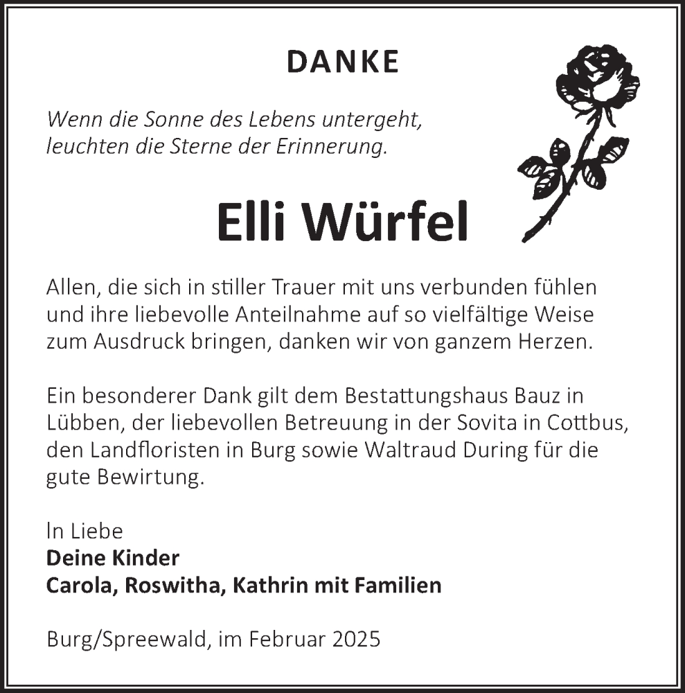  Traueranzeige für Elli Würfel vom 01.03.2025 aus Lausitzer Rundschau