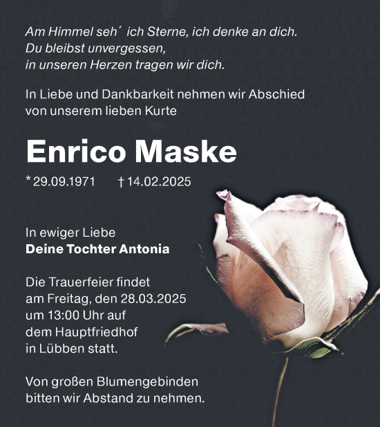 Traueranzeige von Enrico Maske von Lausitzer Rundschau