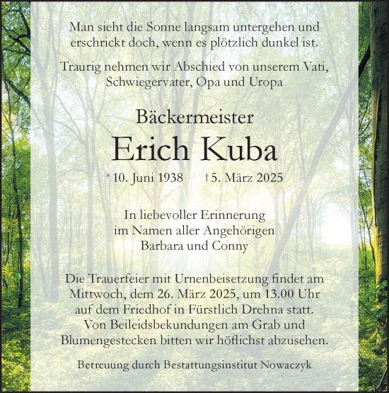 Traueranzeige von Erich Kuba von Lausitzer Rundschau