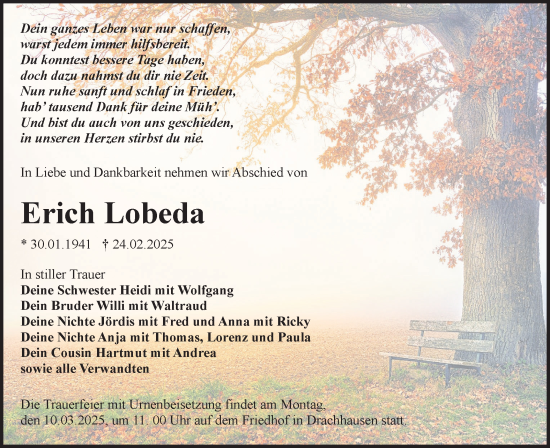 Traueranzeige von Erich Lobeda von Lausitzer Rundschau