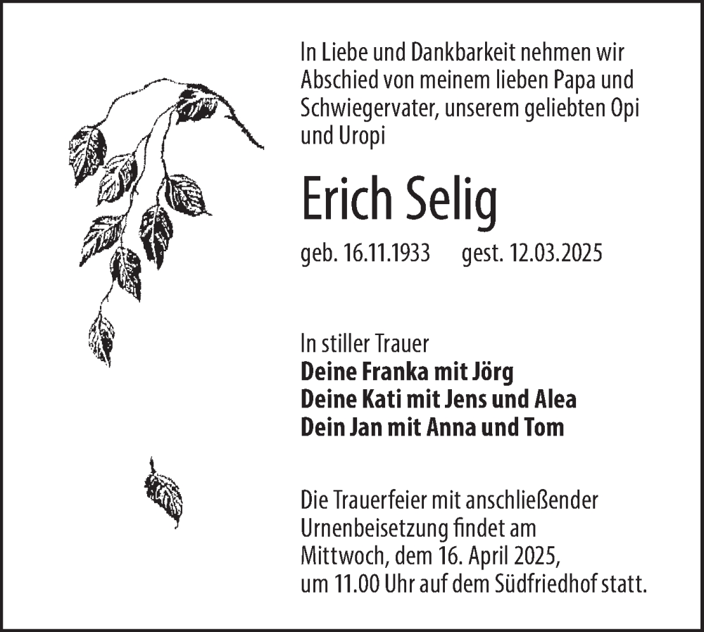  Traueranzeige für Erich Selig vom 22.03.2025 aus Lausitzer Rundschau