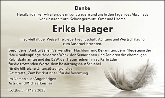 Traueranzeige von Erika Haager von Lausitzer Rundschau