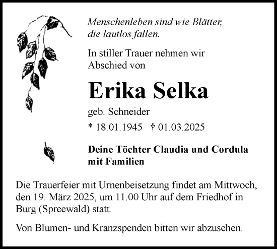 Traueranzeige von Erika Selka von Lausitzer Rundschau