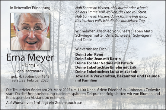 Traueranzeige von Erna Meyer von Lausitzer Rundschau