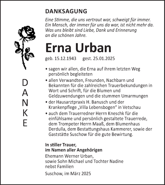 Traueranzeige von Erna Urban von Lausitzer Rundschau