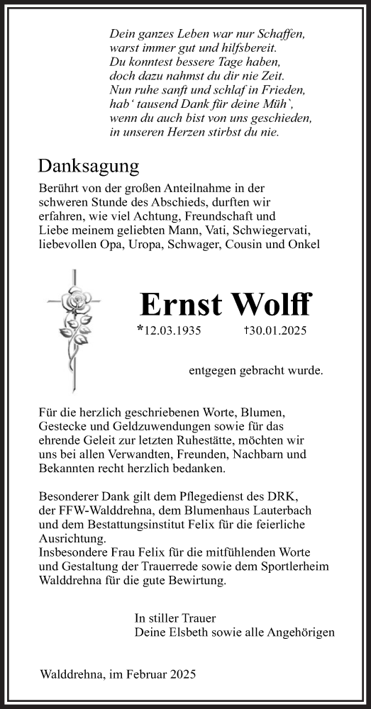  Traueranzeige für Ernst Wolff vom 01.03.2025 aus Lausitzer Rundschau