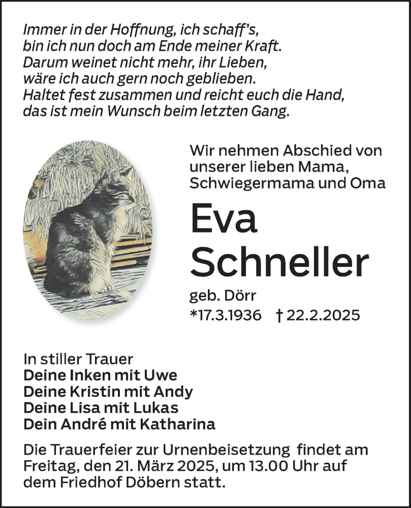  Traueranzeige für Eva Schneller vom 08.03.2025 aus Lausitzer Rundschau