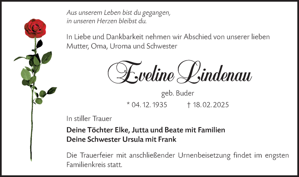  Traueranzeige für Eveline Lindenau vom 01.03.2025 aus Lausitzer Rundschau
