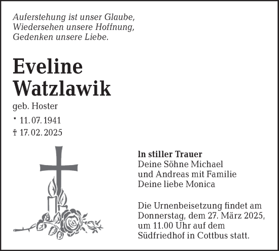 Traueranzeige von Eveline Watzlawik von Lausitzer Rundschau