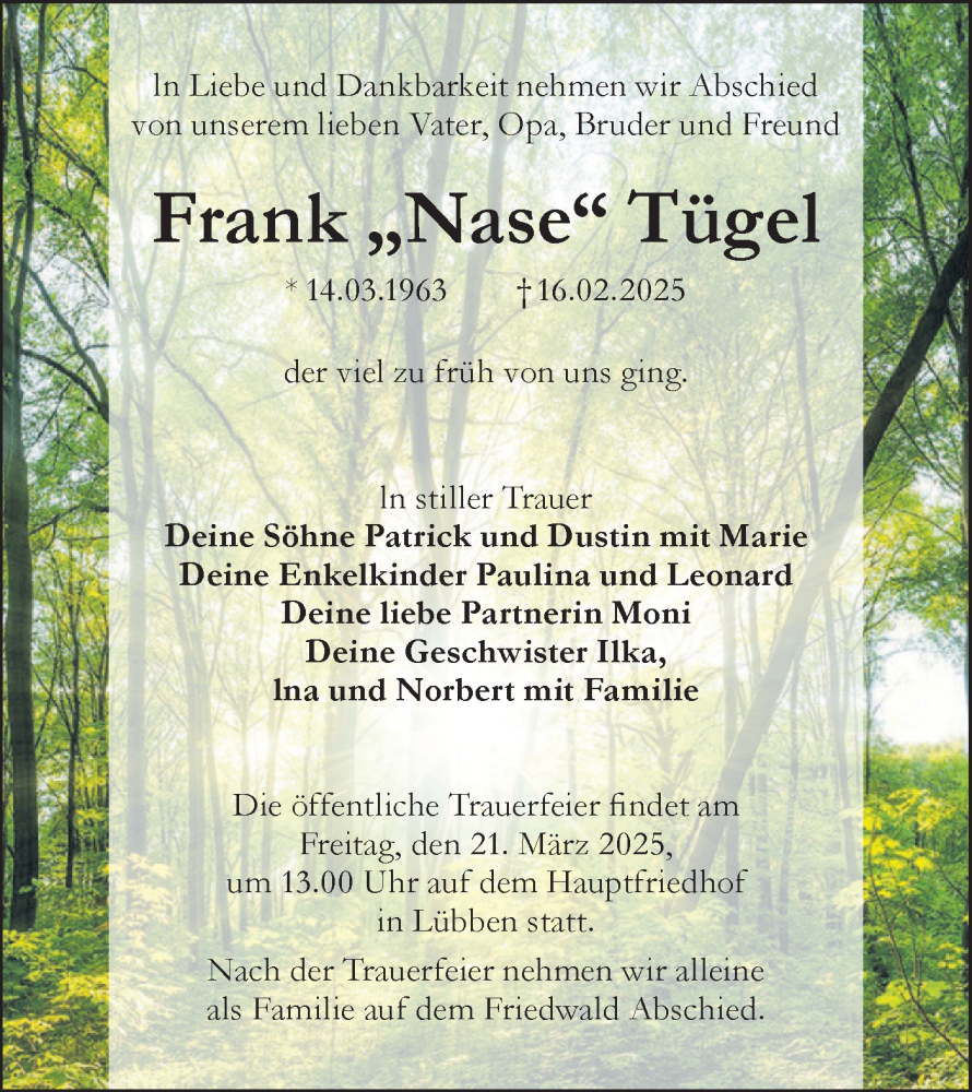  Traueranzeige für Frank Tügel vom 01.03.2025 aus Lausitzer Rundschau