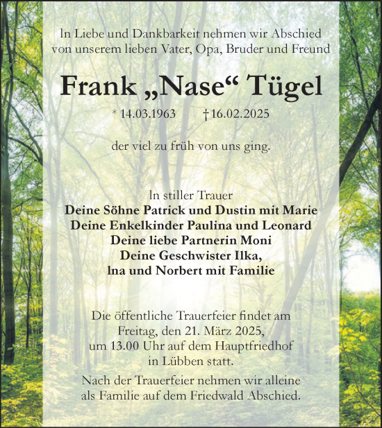 Traueranzeige von Frank Tügel von Lausitzer Rundschau