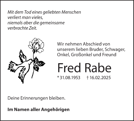 Traueranzeige von Fred Rabe von Lausitzer Rundschau