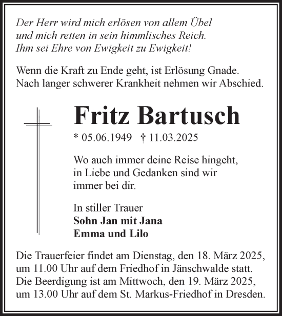 Traueranzeige von Fritz Bartusch von Lausitzer Rundschau