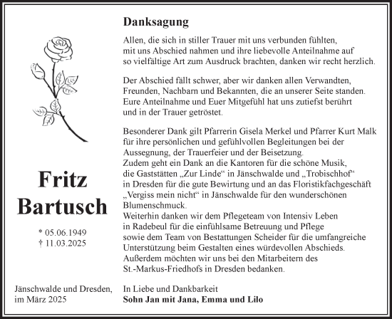 Traueranzeige von Fritz Bartusch von Lausitzer Rundschau