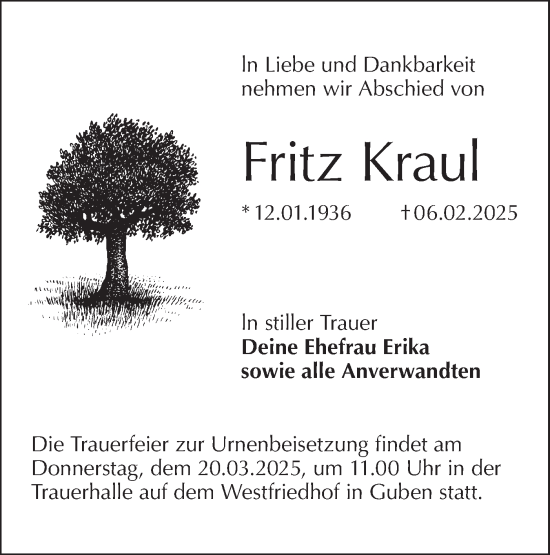 Traueranzeige von Fritz Kraul von Lausitzer Rundschau