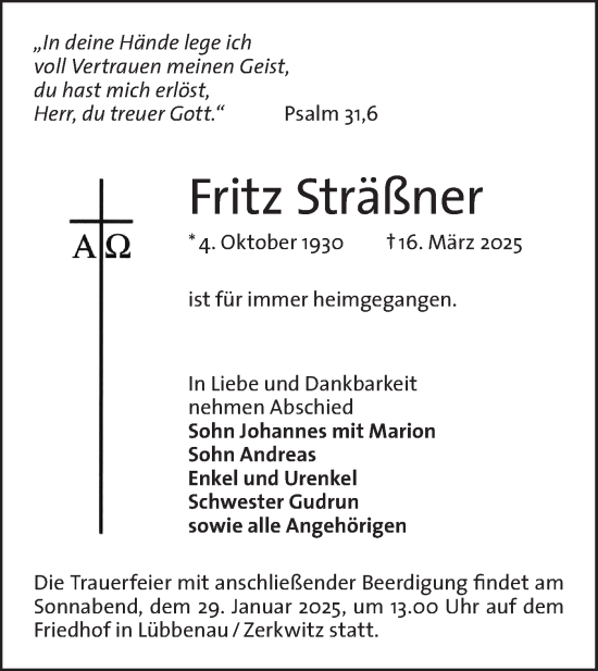 Traueranzeige von Fritz Sträßner von Lausitzer Rundschau