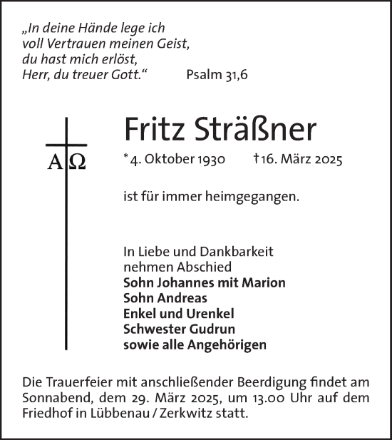 Traueranzeige von Fritz Sträßner von Lausitzer Rundschau