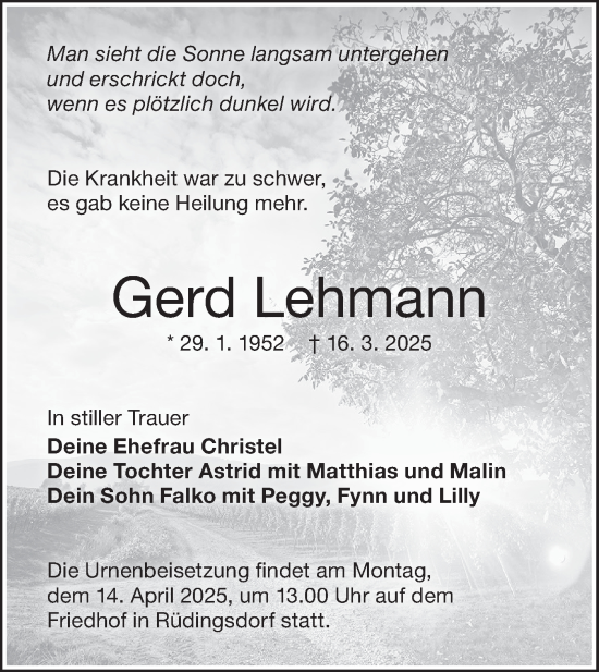 Traueranzeige von Gerd Lehmann von Lausitzer Rundschau