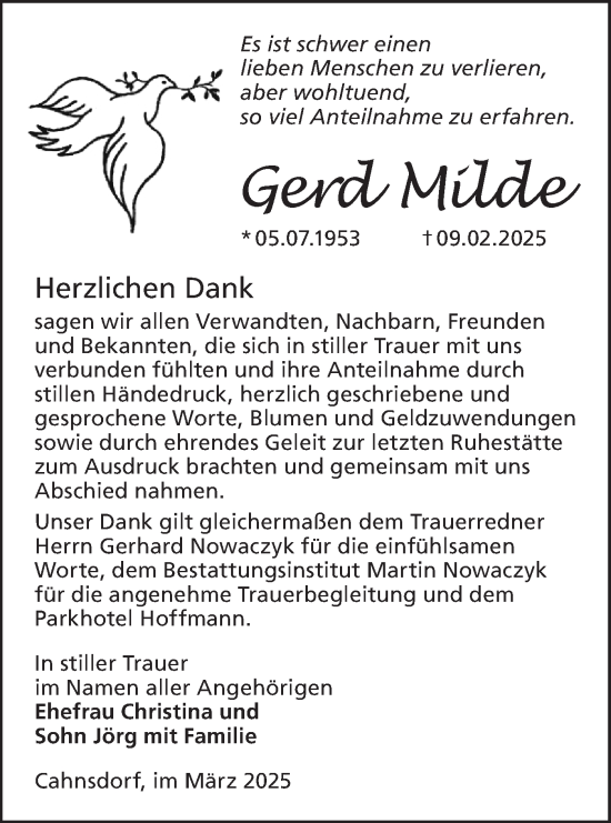 Traueranzeige von Gerd Milde von Lausitzer Rundschau