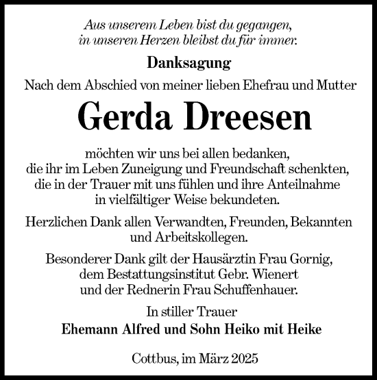Traueranzeige von Gerda Dreesen von Lausitzer Rundschau