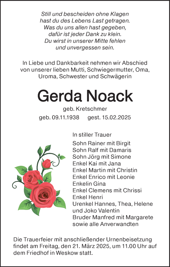 Traueranzeige von Gerda Noack von Lausitzer Rundschau