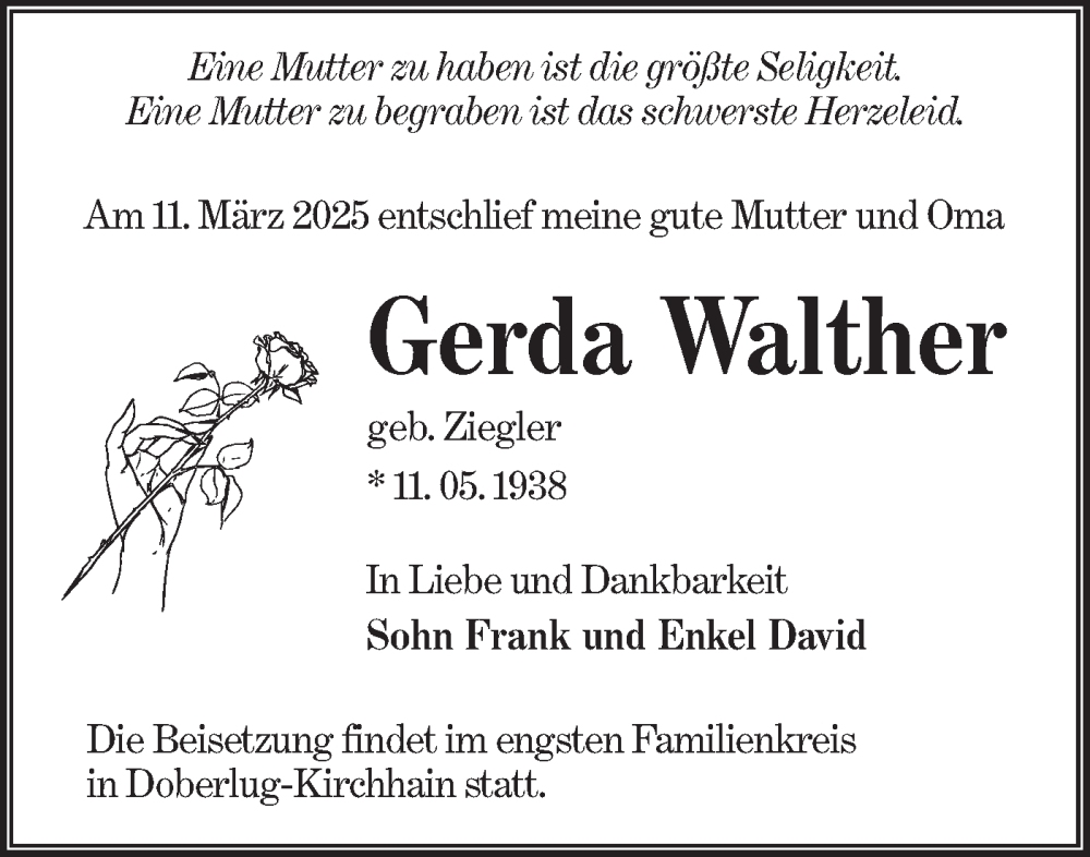  Traueranzeige für Gerda Walther vom 22.03.2025 aus Lausitzer Rundschau