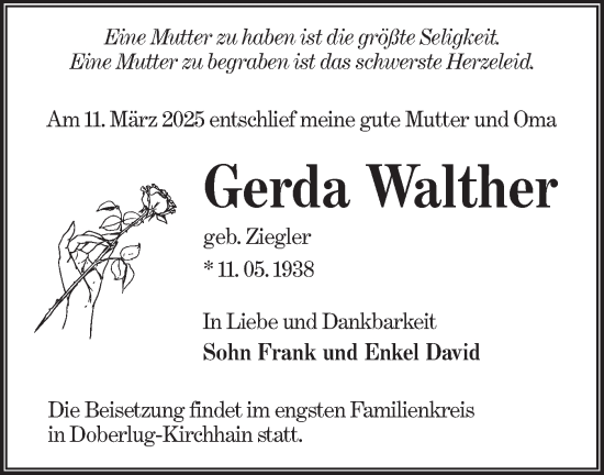 Traueranzeige von Gerda Walther von Lausitzer Rundschau