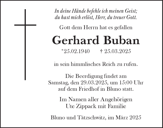 Traueranzeige von Gerhard Buban von Lausitzer Rundschau